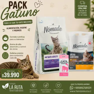 Pack gatuno: Arena sanitaria 10kg+Alimento nómade 10kg+Cat Snack